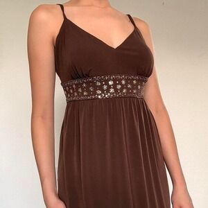 Brown and Gold Beaded Midi Dress